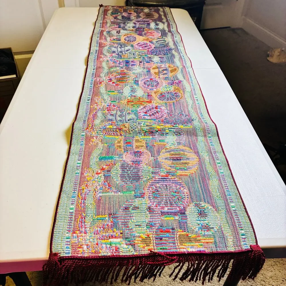 Vintage Christmas Tapestry Table Runner Holiday Ornament Garland Fringe 50